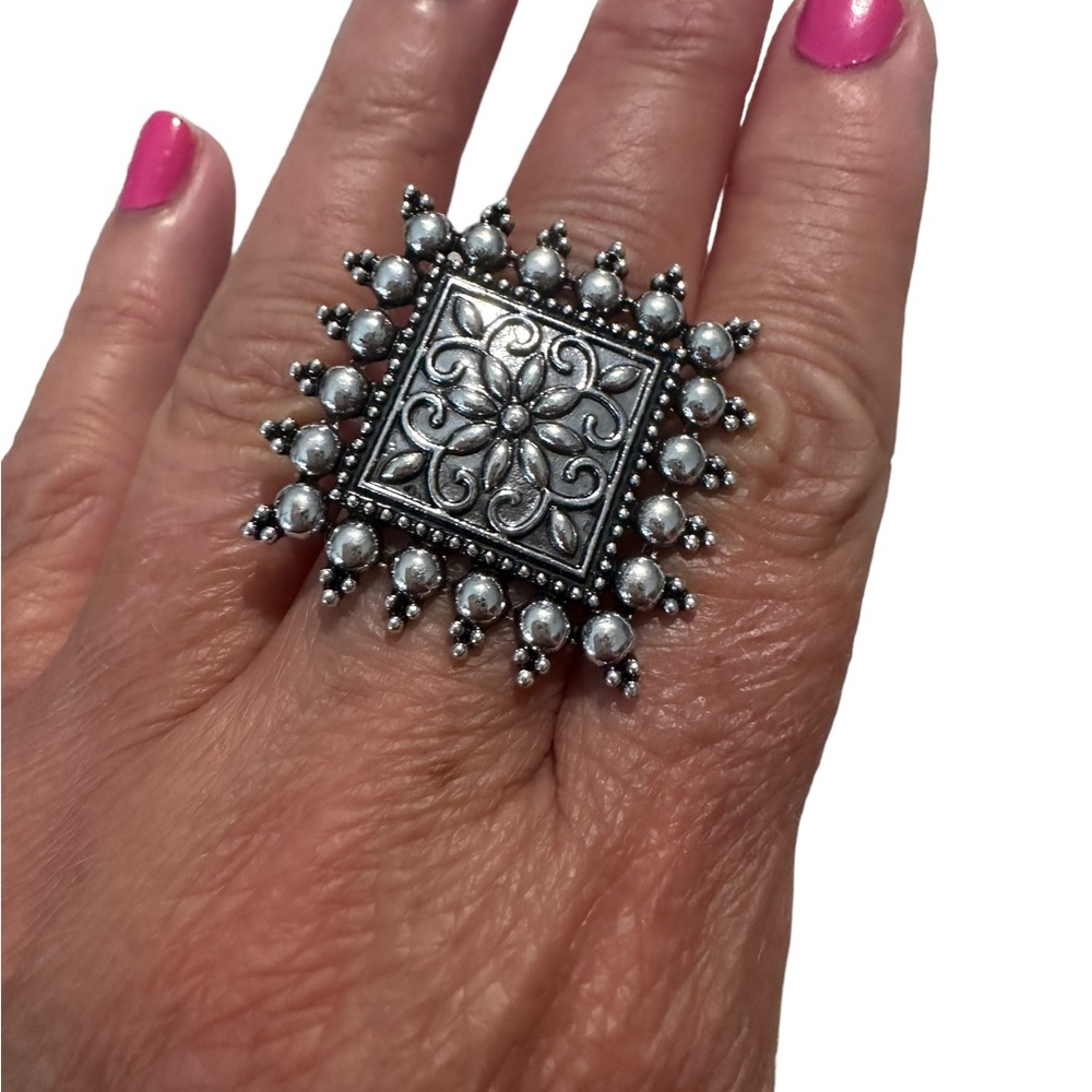 Boho Silver Square Shield Adjustable Ring